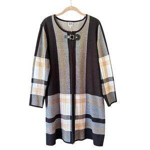 Anne Klein Womens XL Plaid Stripe Knit Cardigan Duster Jacket Black Tan